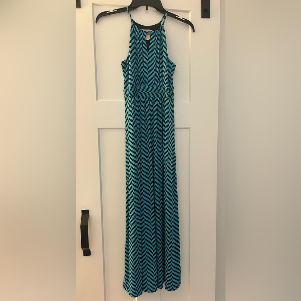 LOFT Turquoise and Navy Chevron Maxi Dress